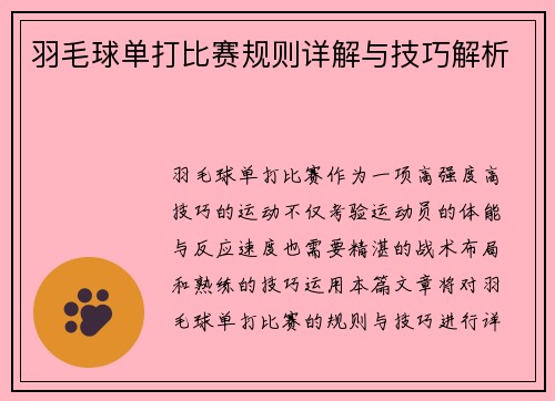 羽毛球单打比赛规则详解与技巧解析