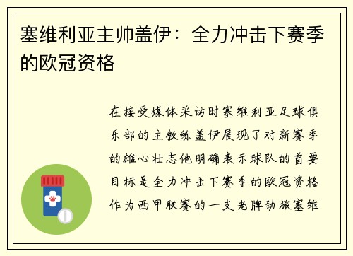 塞维利亚主帅盖伊：全力冲击下赛季的欧冠资格